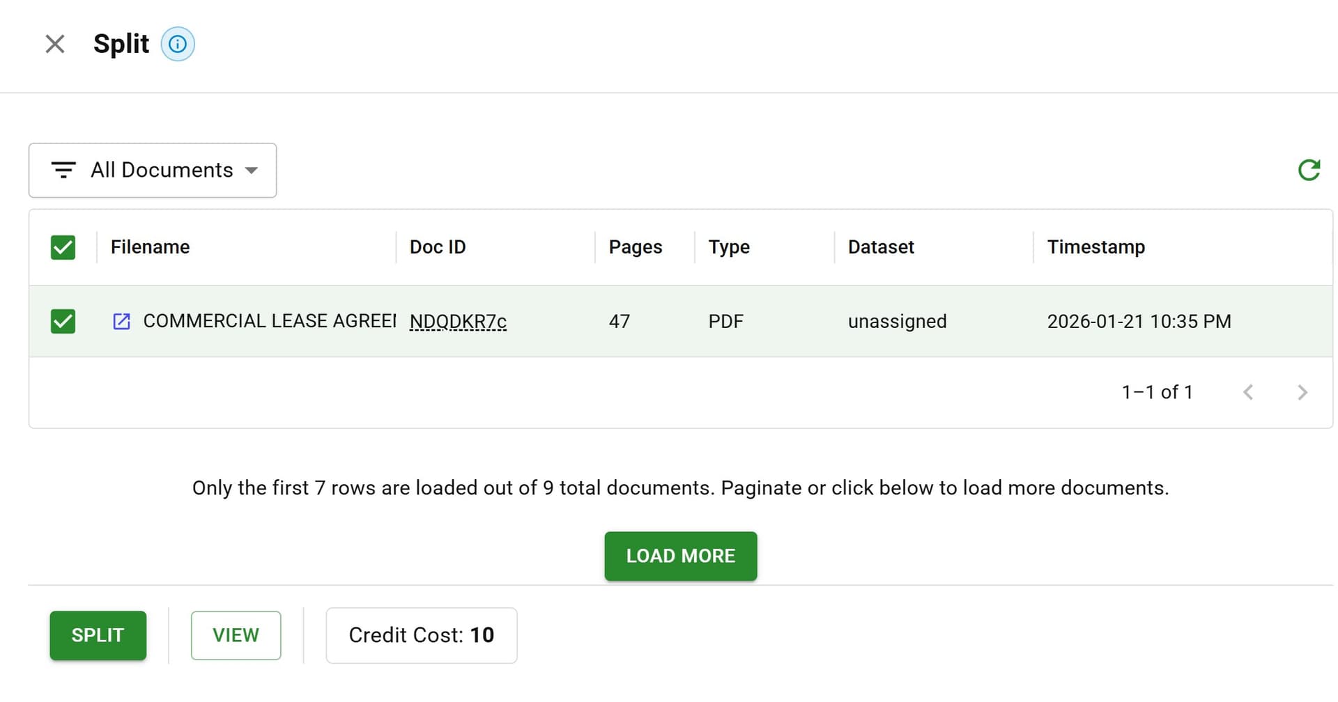 DocuPipe document splitting interface showing automatic multi-document PDF separation