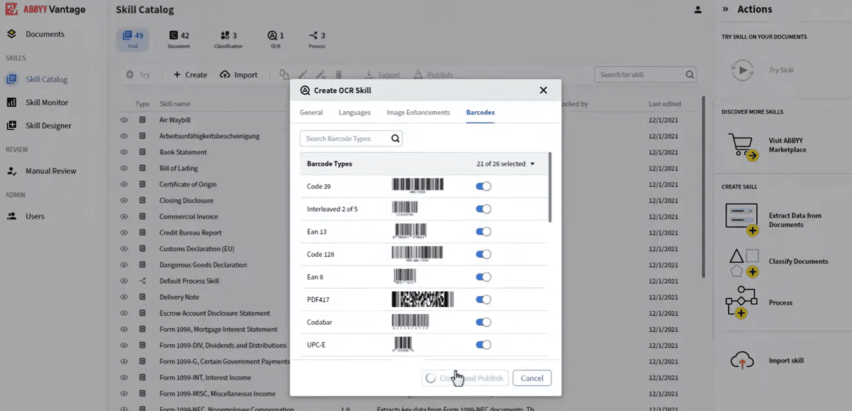 ABBYY Vantage Skill Catalog showing Create OCR Skill dialog with barcode configuration options - enterprise complexity requiring specialized skills setup