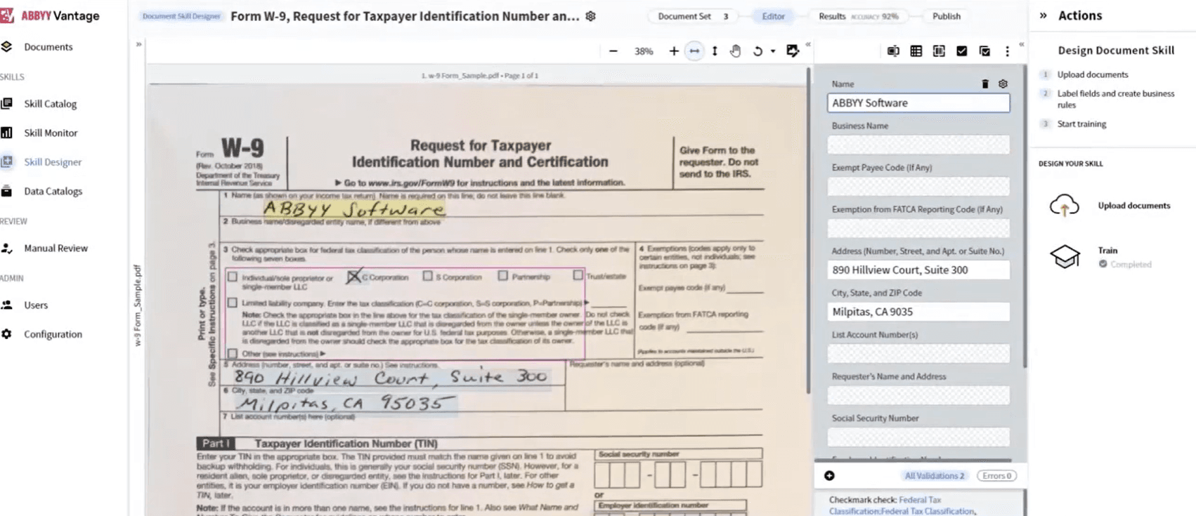 ABBYY Vantage Document Skill Designer showing W-9 form extraction with field mapping - requires training and skill configuration before extraction