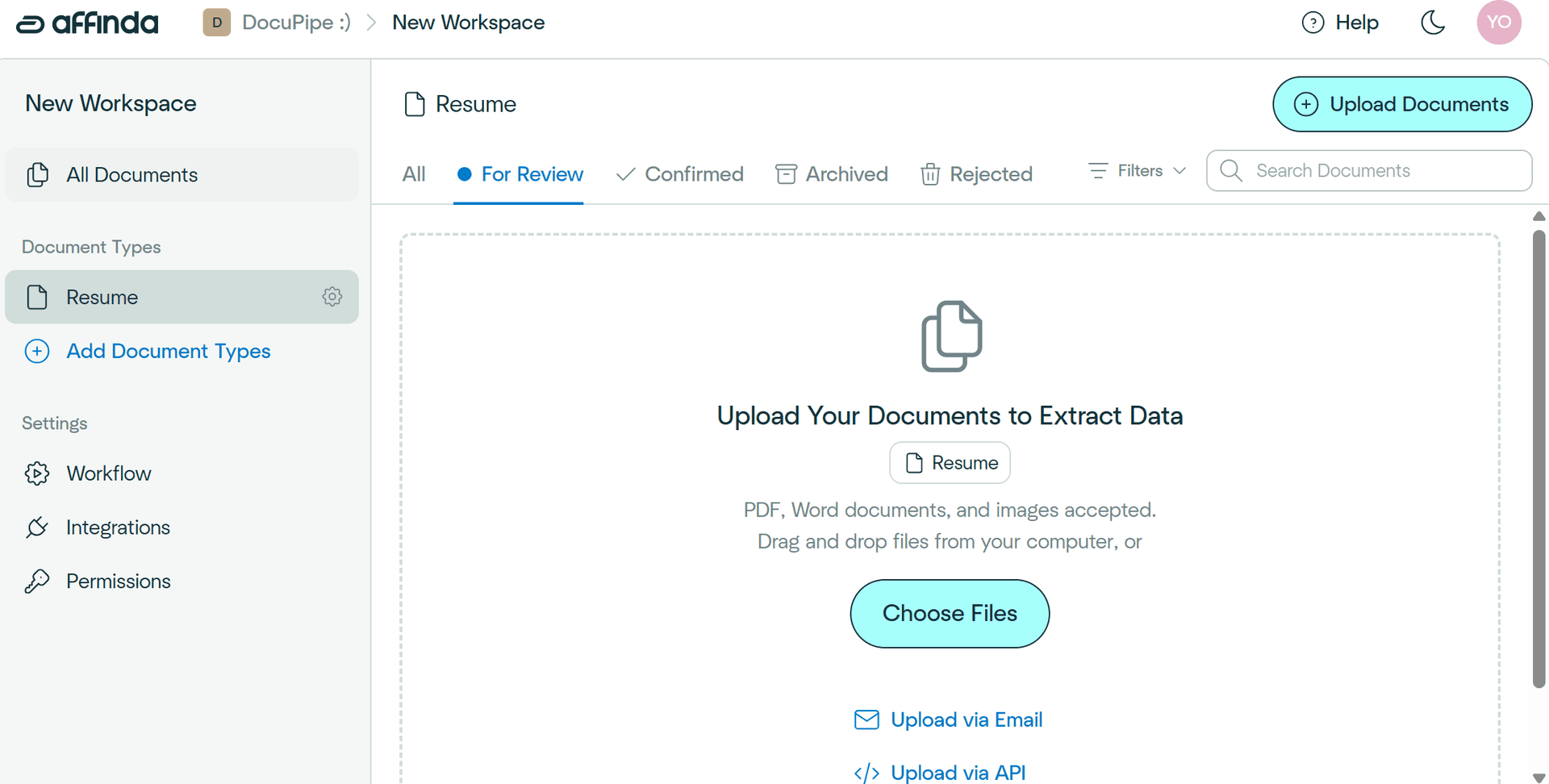 Affinda workspace dashboard showing Document Types sidebar with Resume - demonstrates their vertical-focused document type system