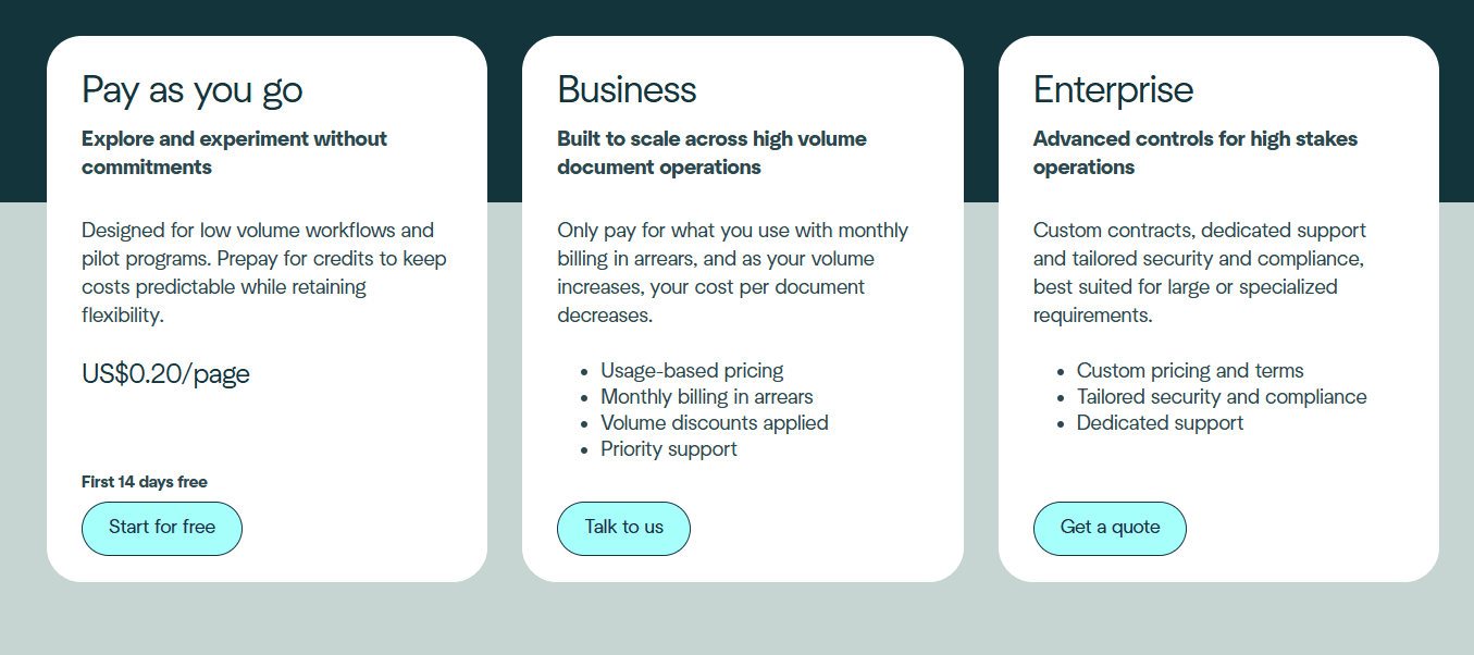 Affinda pricing page showing Pay as you go at $0.20/page, Business tier requiring sales call, Enterprise requiring custom quote