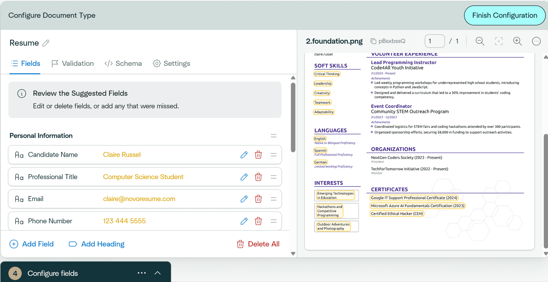 Affinda Configure Document Type interface showing pre-defined resume fields like Candidate Name, Professional Title, Email - demonstrates their schema-locked approach