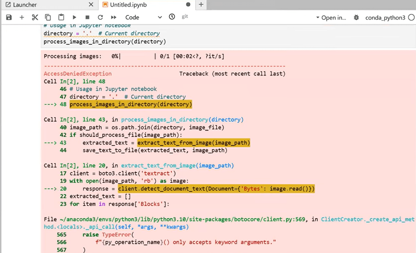 Jupyter notebook showing AWS AccessDeniedException error when calling Textract - typical AWS complexity and permission issues