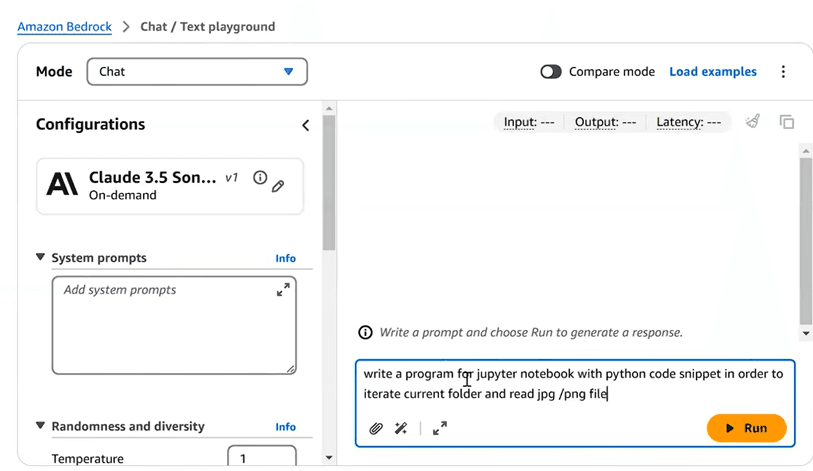 Amazon Bedrock Chat/Text playground showing Claude 3.5 Sonnet configuration - raw model access requiring custom prompting for document extraction