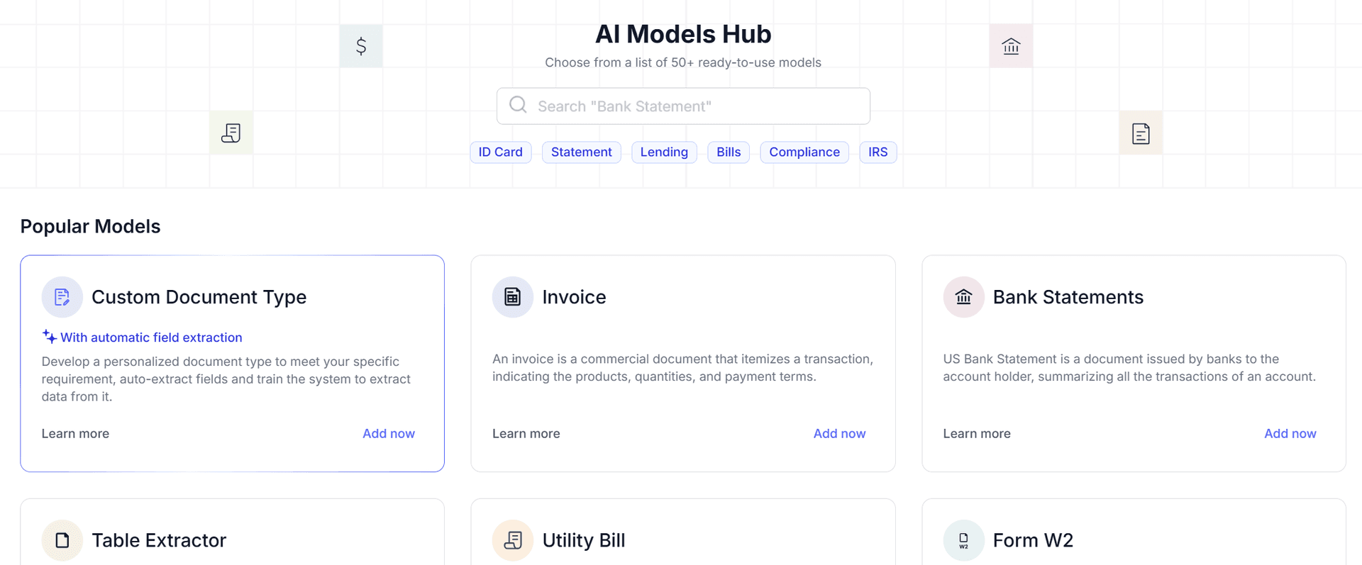 Docsumo AI Models Hub showing 50+ pre-trained models for Invoice, Bank Statements, Table Extractor - requires selecting predefined types