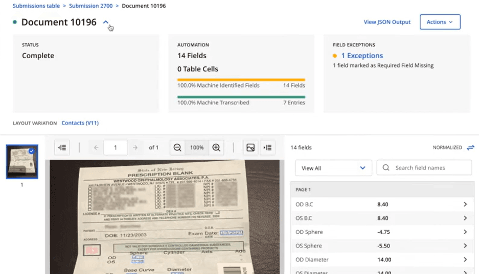 Hyperscience document extraction showing prescription form with 14 fields and 100% machine-identified