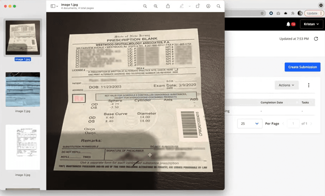 Hyperscience document upload interface showing multi-image prescription processing