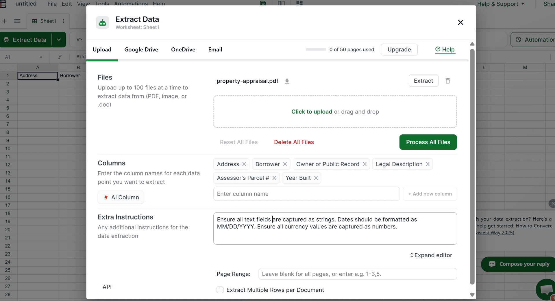 Lido Extract Data modal showing spreadsheet column mapping interface