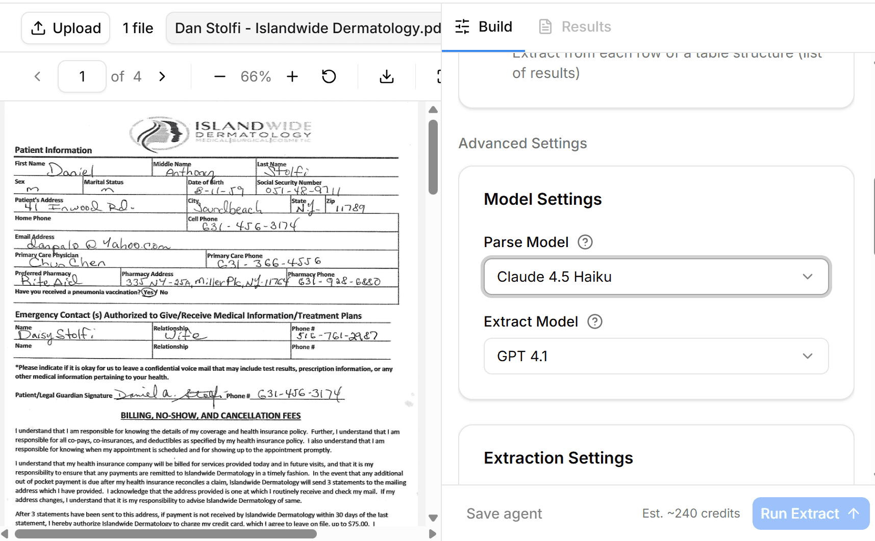 LlamaParse model settings showing Claude 4.5 Haiku and GPT 4.1 extraction options