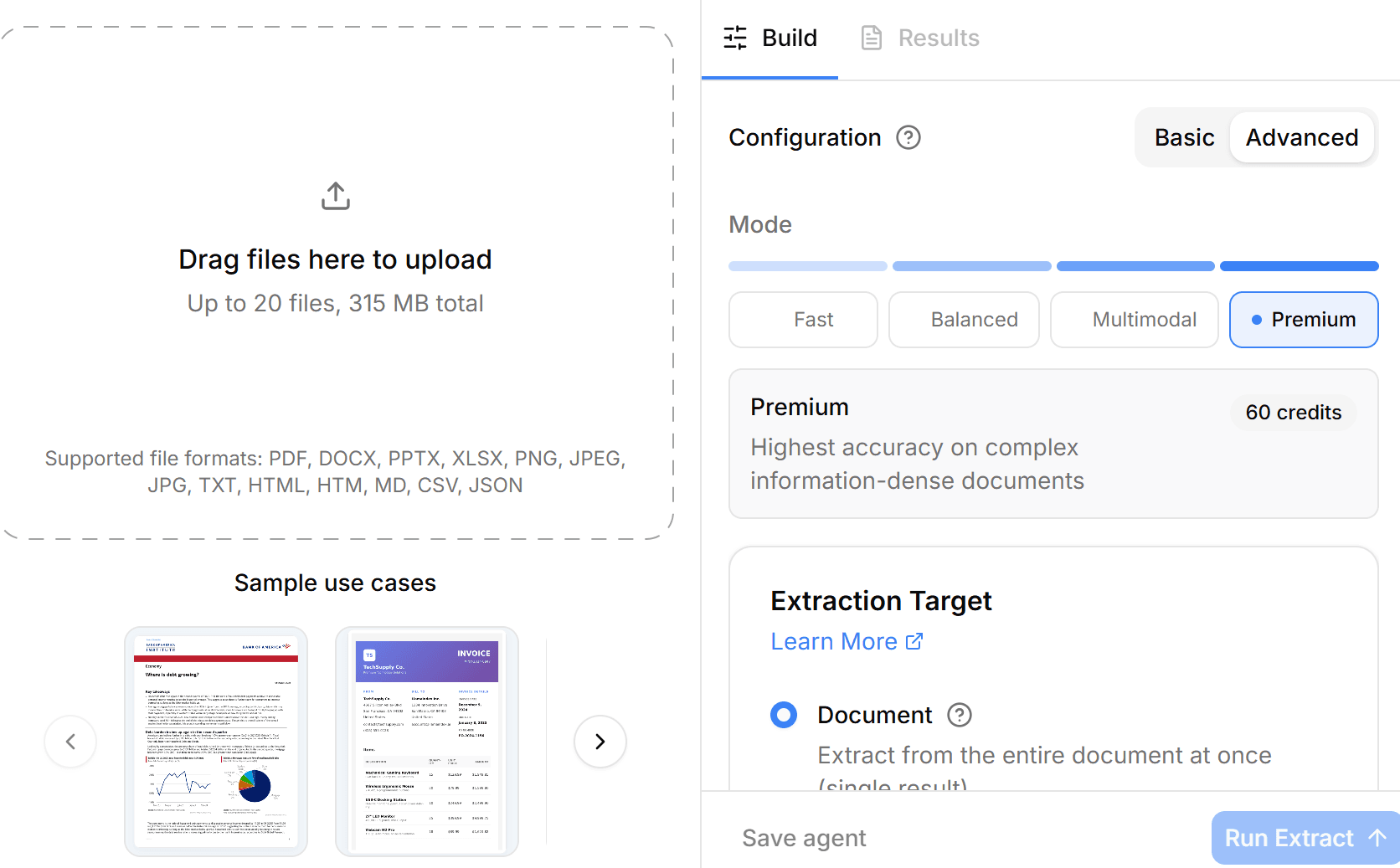 LlamaParse upload interface showing Premium mode at 60 credits per page