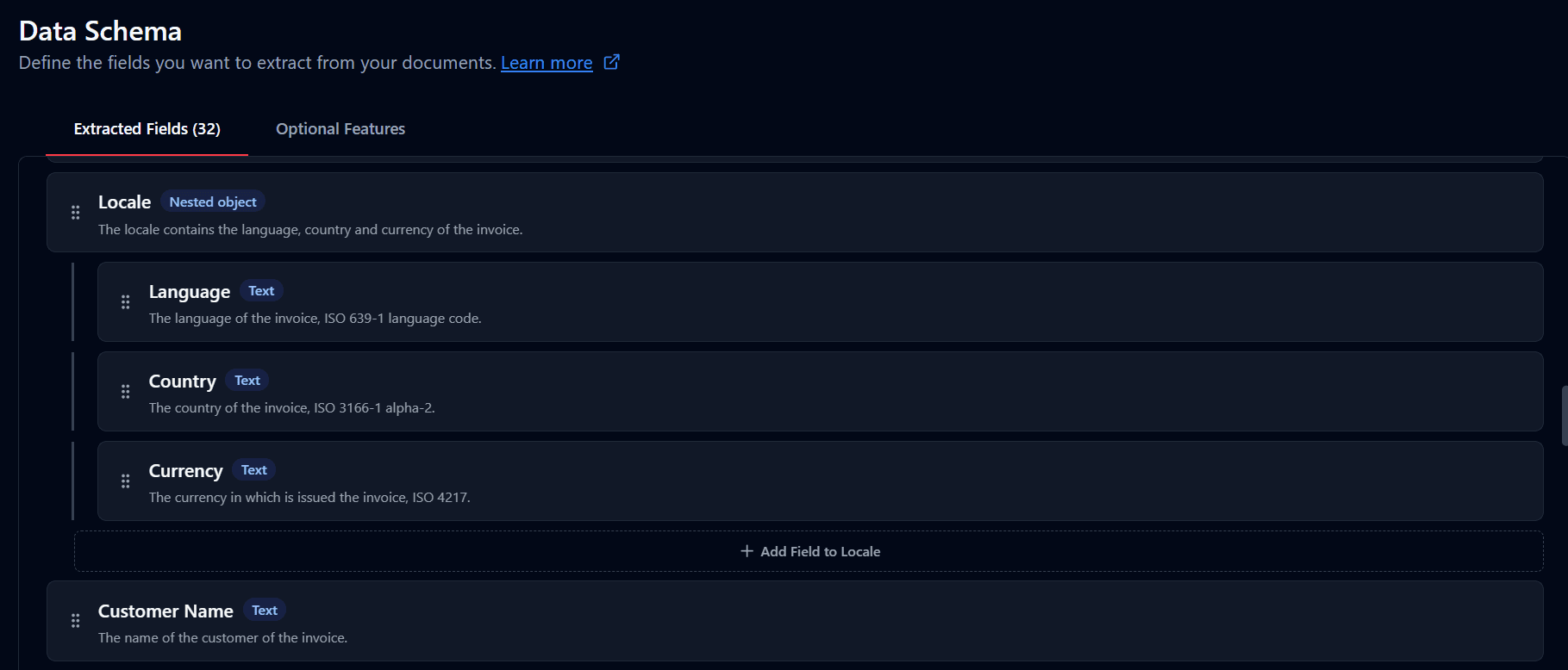 Mindee Data Schema with 32 fixed extracted fields - no custom field flexibility