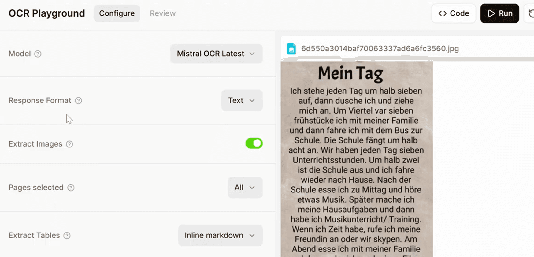 Mistral OCR Playground showing simple text extraction - just a parsing endpoint