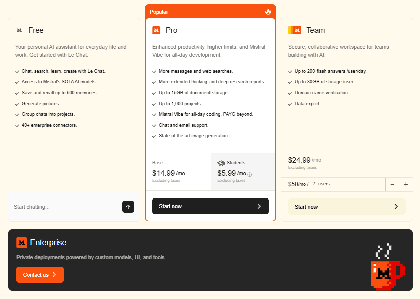 Mistral pricing showing Free, Pro $14.99/mo, Team $24.99/mo - but OCR infrastructure not included