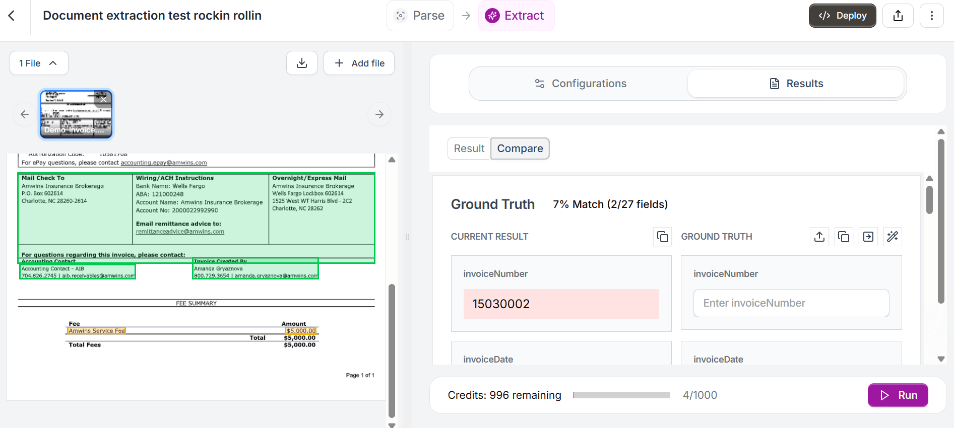 Reducto extraction interface showing invoice with ground truth comparison