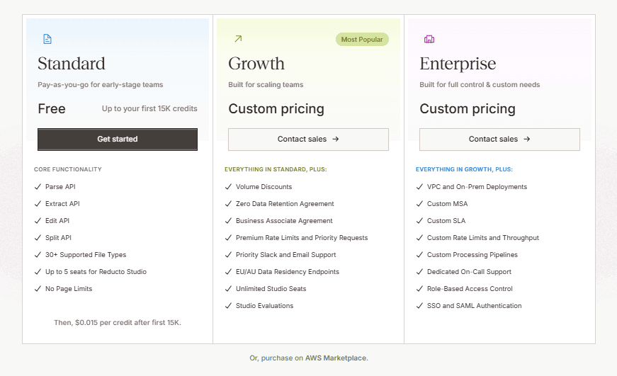 Reducto pricing page showing Standard, Growth, and Enterprise tiers