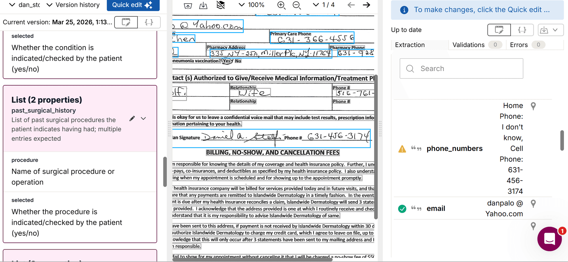 Sensible Quick edit showing complex field definitions with past_surgical_history and phone_numbers configs