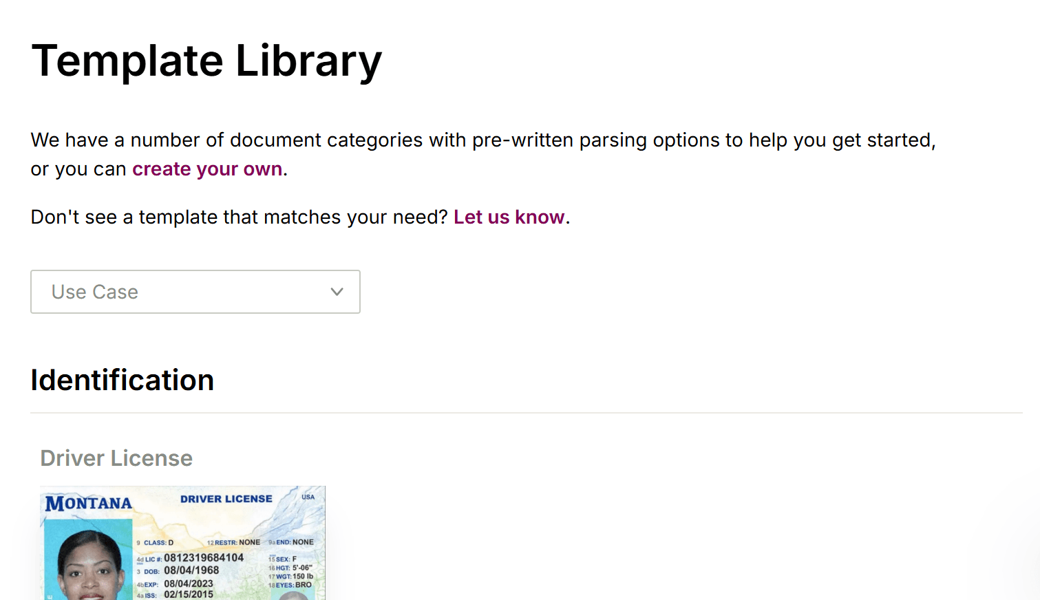 Sensible Template Library showing pre-built parsing options - still requires SenseML for customization