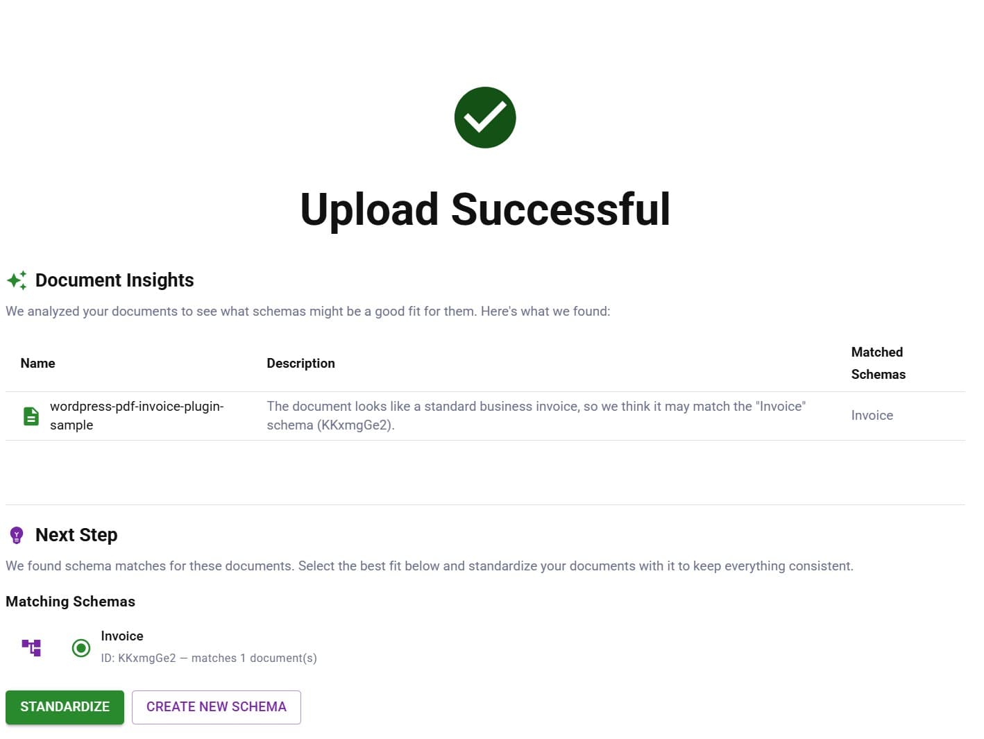 DocuPipe document extraction showing instant upload with automatic schema detection and one-click standardization
