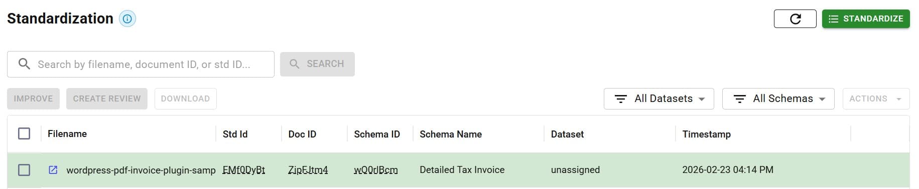 DocuPipe document processing dashboard showing standardized documents with schema assignments and processing timestamps