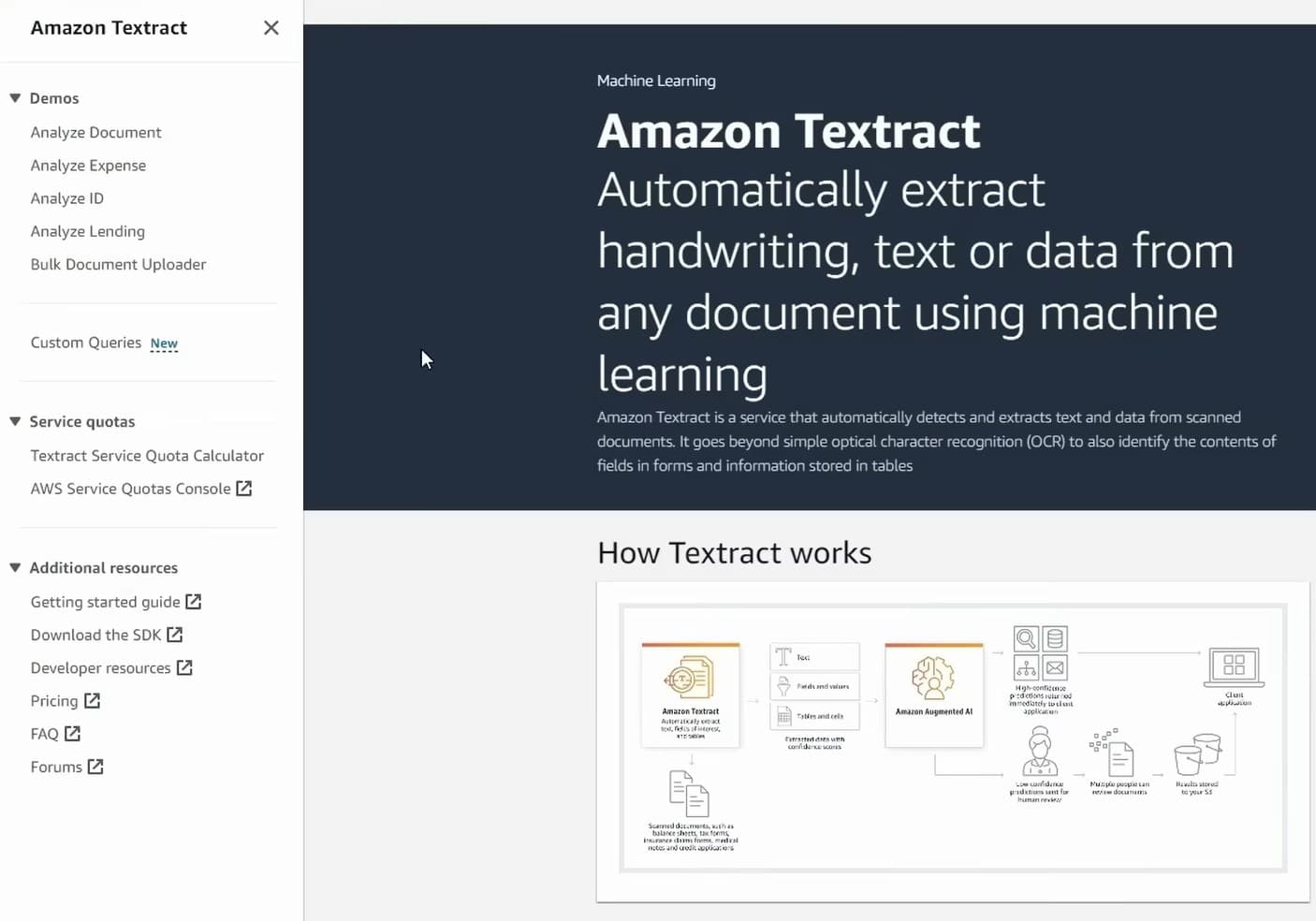 Amazon Textract console with multiple API options requiring separate configuration for documents, expenses, IDs, and lending workflows