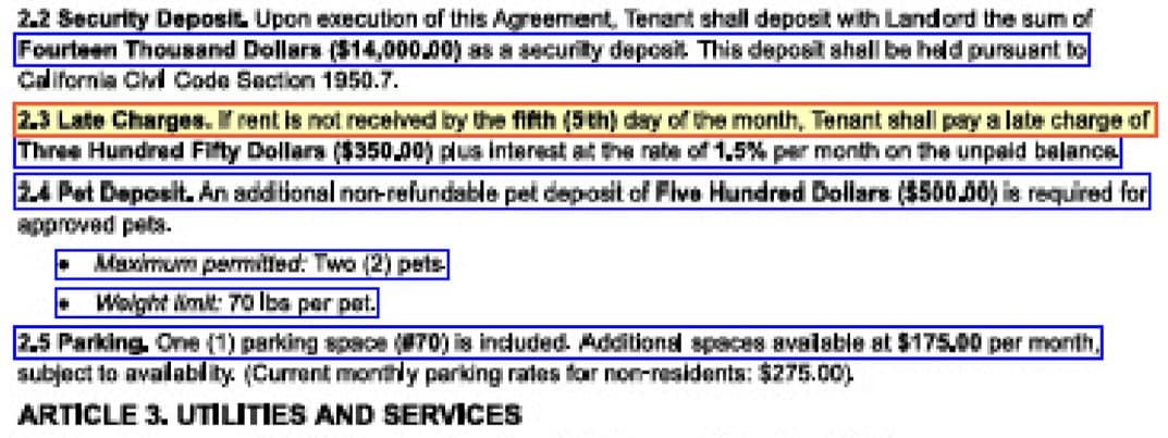 DocuPipe table extraction showing precise bounding box detection on a lease document
