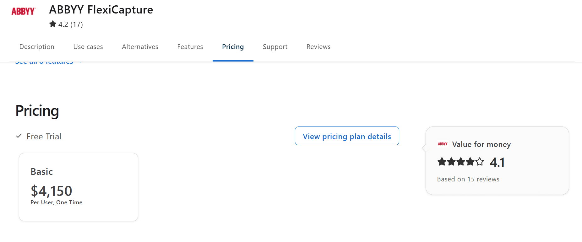 Capterra pricing page showing ABBYY FlexiCapture at $4,150 per user one-time license fee