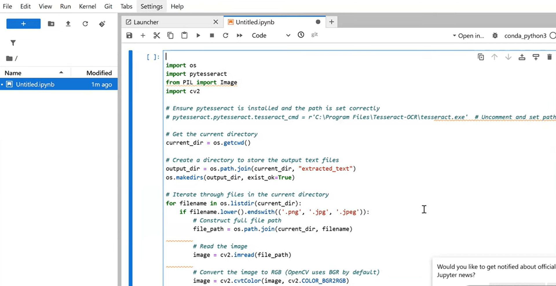Jupyter notebook showing DIY document extraction code with pytesseract, OpenCV, and custom Python - the infrastructure you build yourself with Bedrock