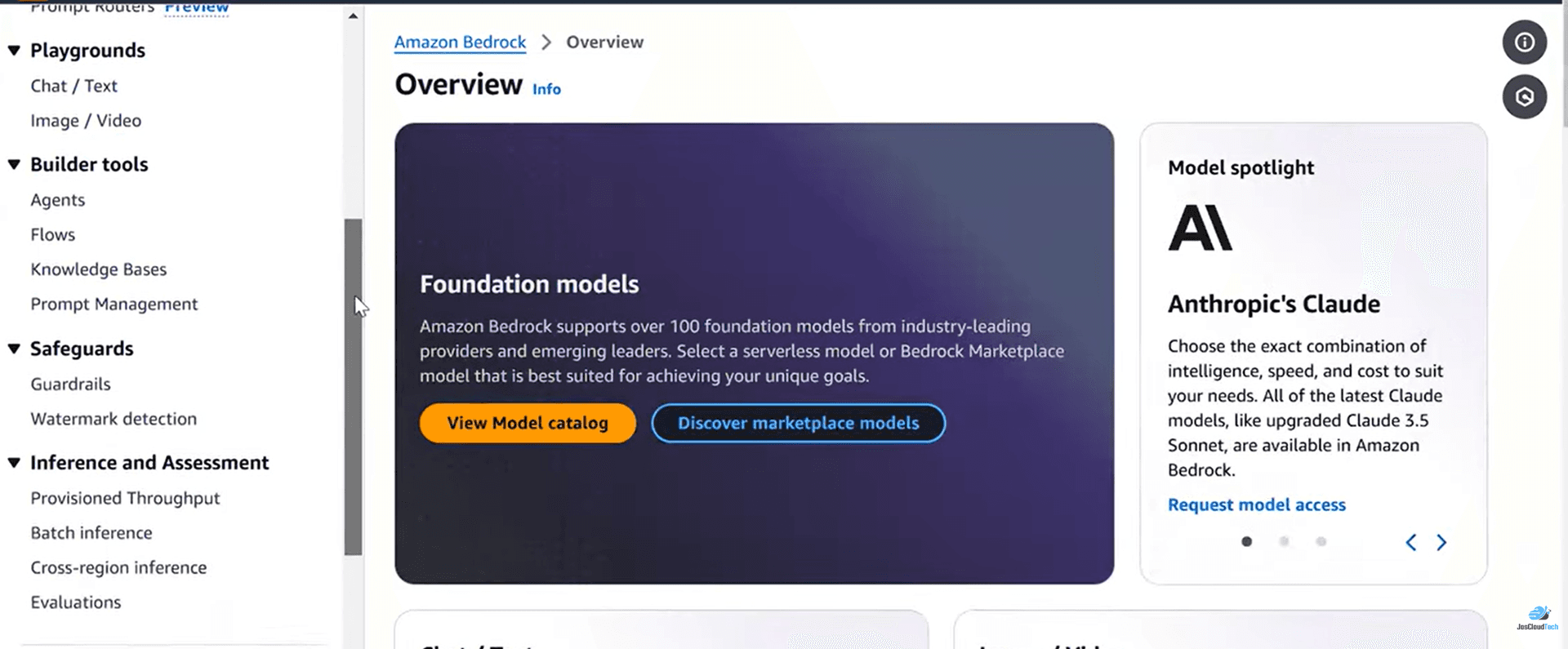 Amazon Bedrock Overview console showing Foundation models from 100+ providers - a generalist LLM platform, not a document extraction solution