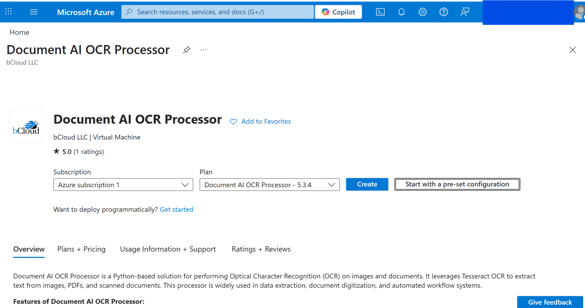 Azure Marketplace Document AI OCR Processor showing subscription and plan configuration - Azure ecosystem complexity