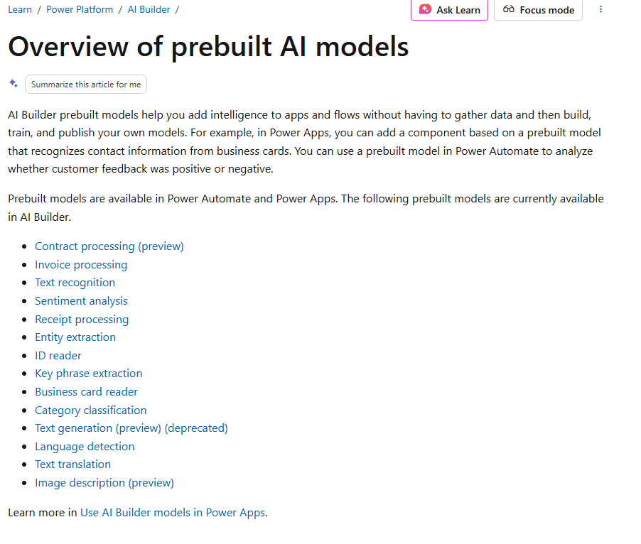 Azure AI Builder prebuilt models overview showing limited model types - Contract, Invoice, Receipt, ID reader, Business card