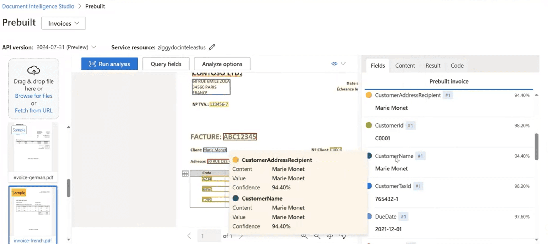 Azure Document Intelligence Studio Prebuilt invoice extraction showing field confidence scores and extracted values