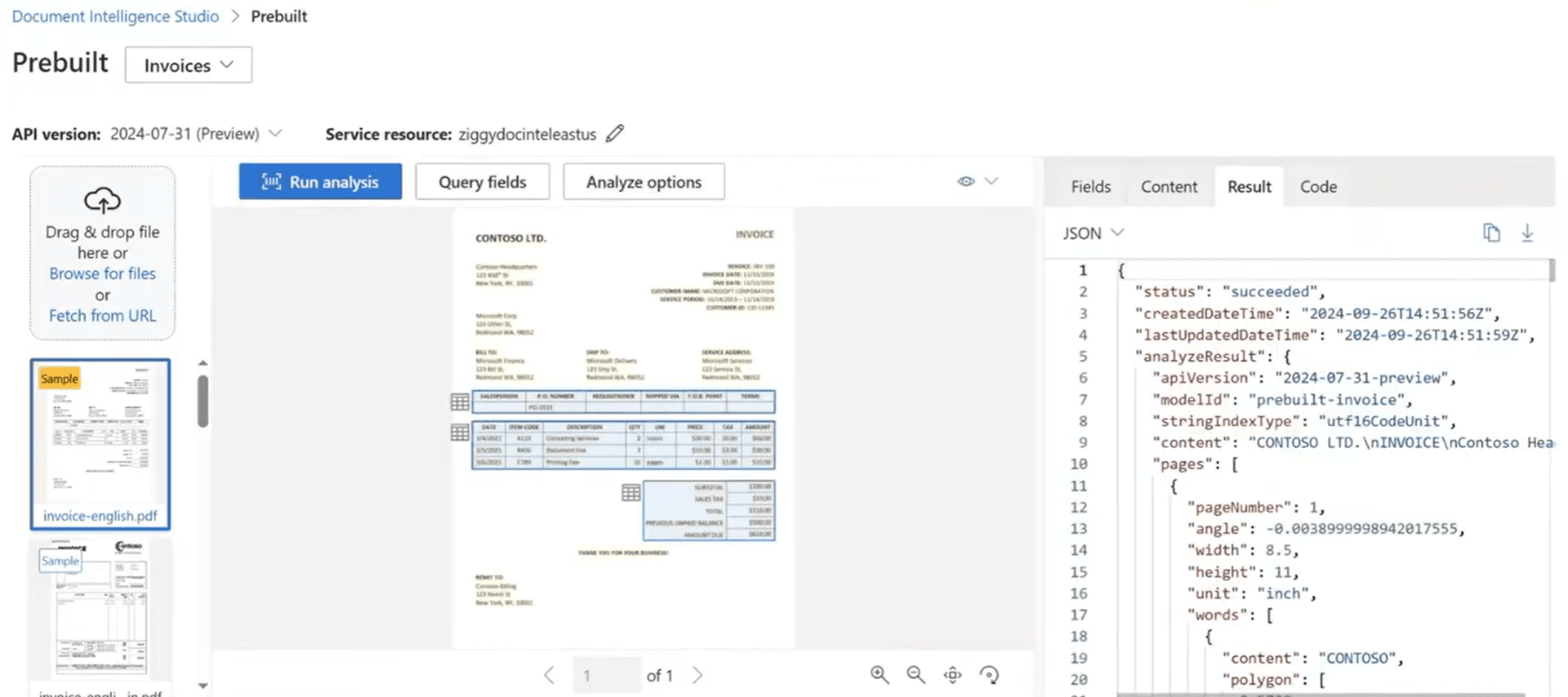 Azure Document Intelligence Studio showing JSON output with complex nested structure - contrast with DocuPipe's simple schema approach