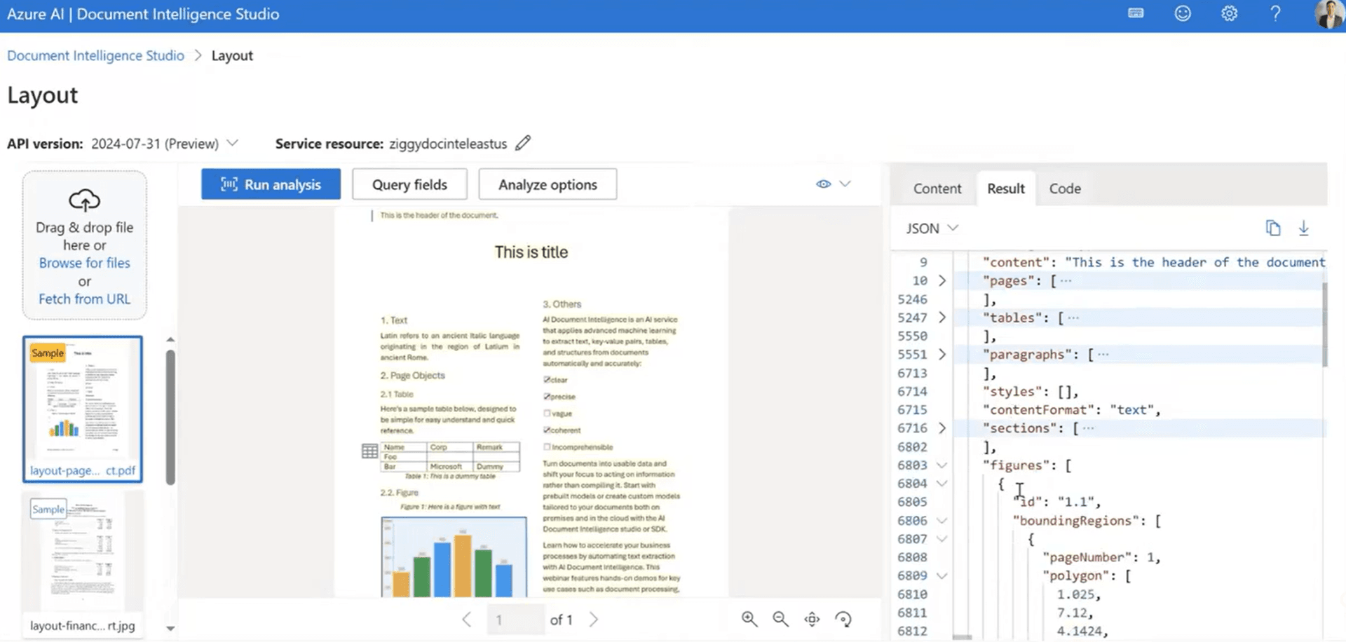 Azure Document Intelligence Studio Layout view showing document analysis with JSON output panel