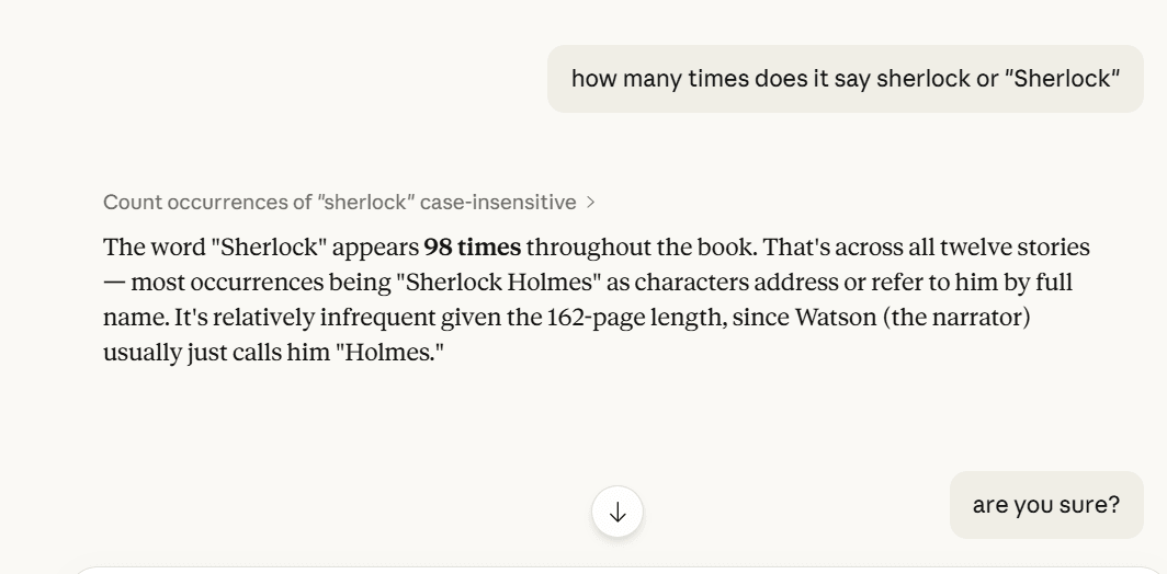 Claude attempting to count word occurrences in Sherlock Holmes PDF - demonstrating LLM limitations on precise extraction tasks