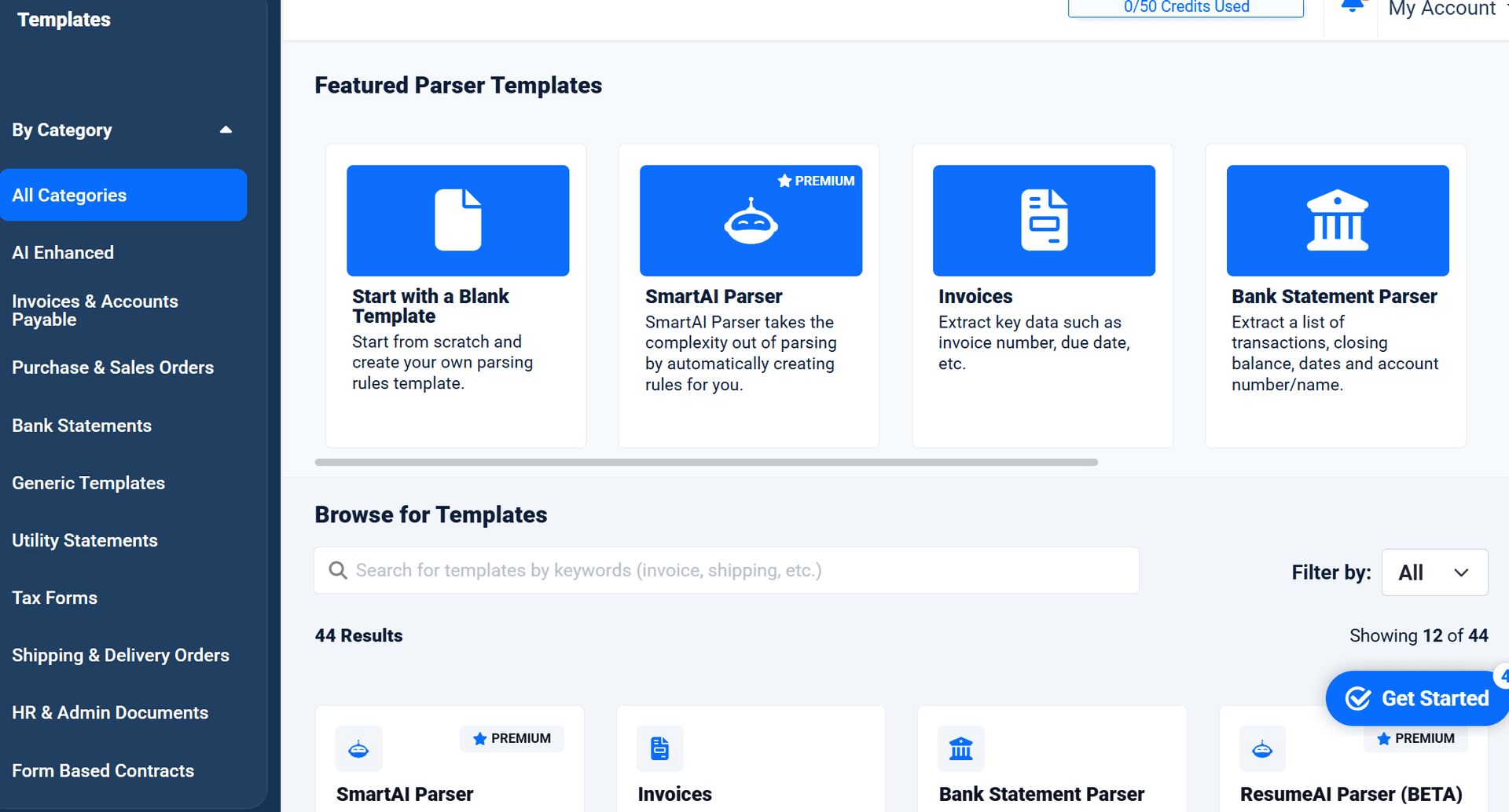 Docparser Featured Parser Templates showing pre-built templates that require customization and maintenance