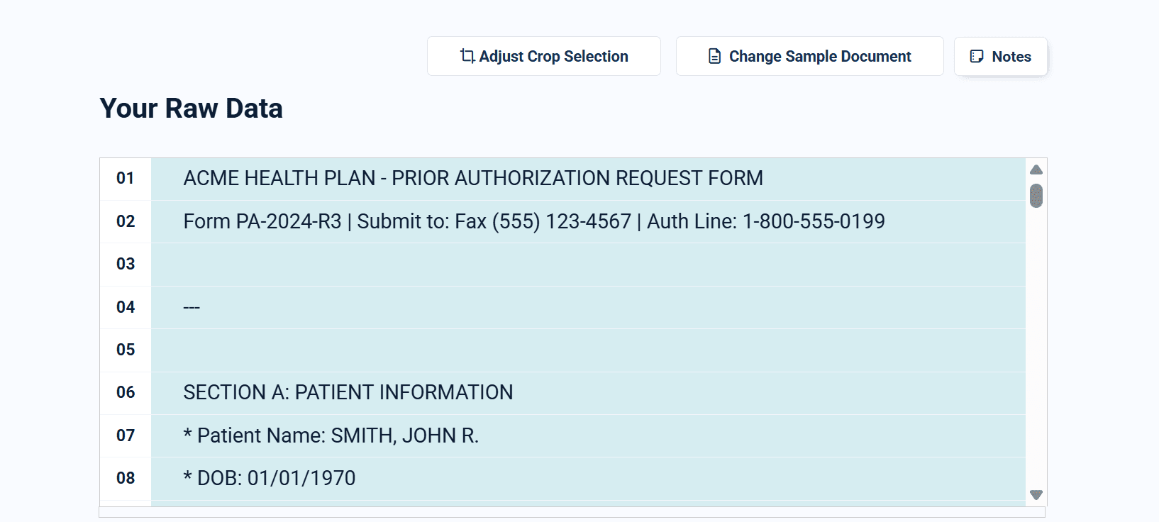 Docparser document view showing ACME Health Plan form with raw data extraction panel
