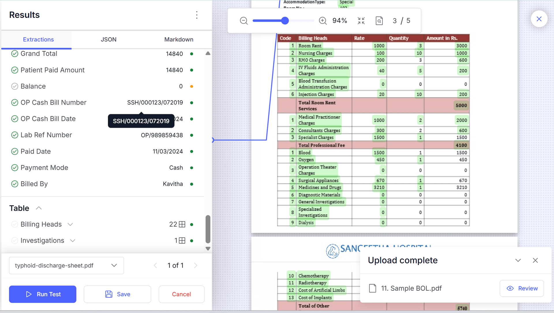 Docsumo extraction results showing field values and table data from hospital discharge sheet