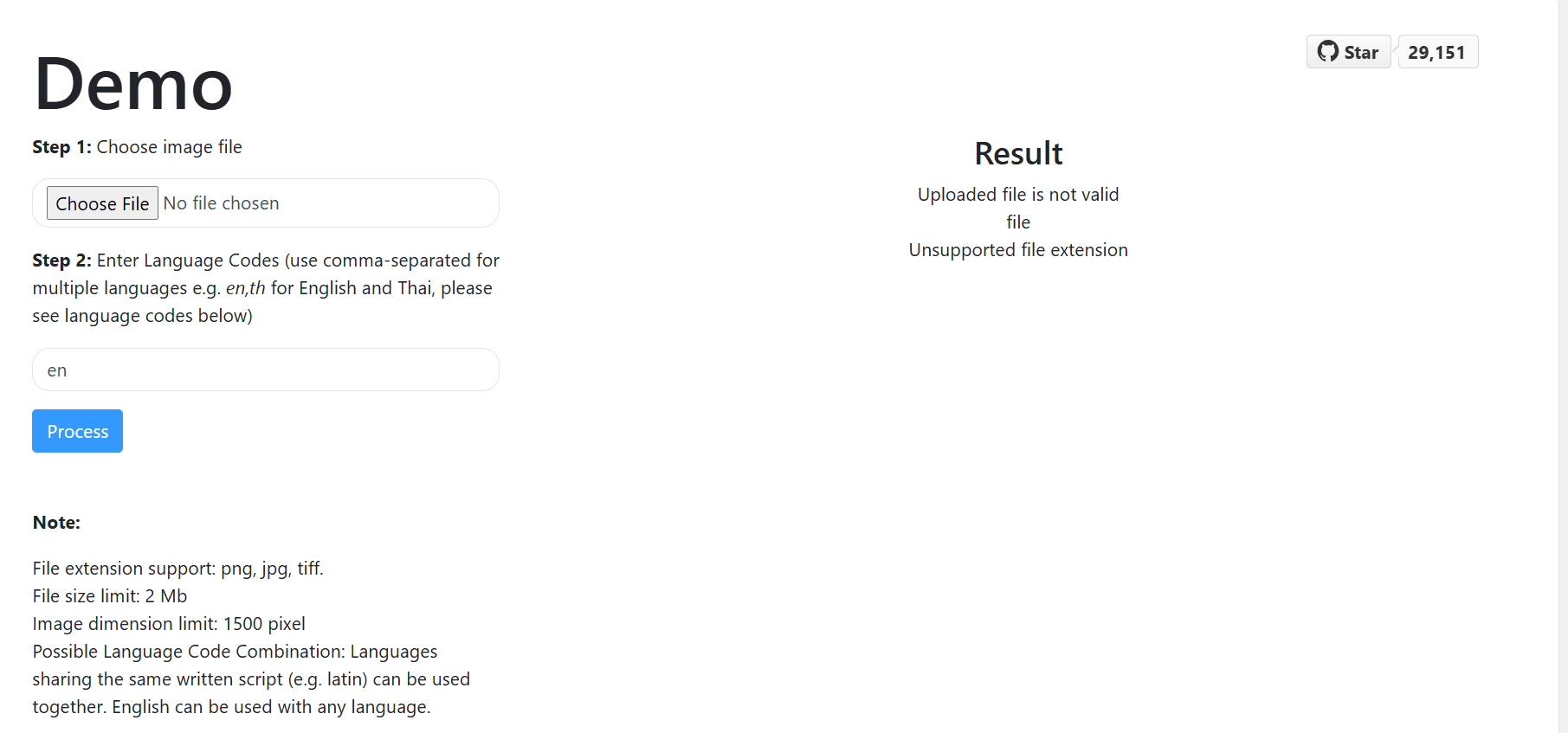 EasyOCR demo showing Unsupported file extension error - highlighting format limitations