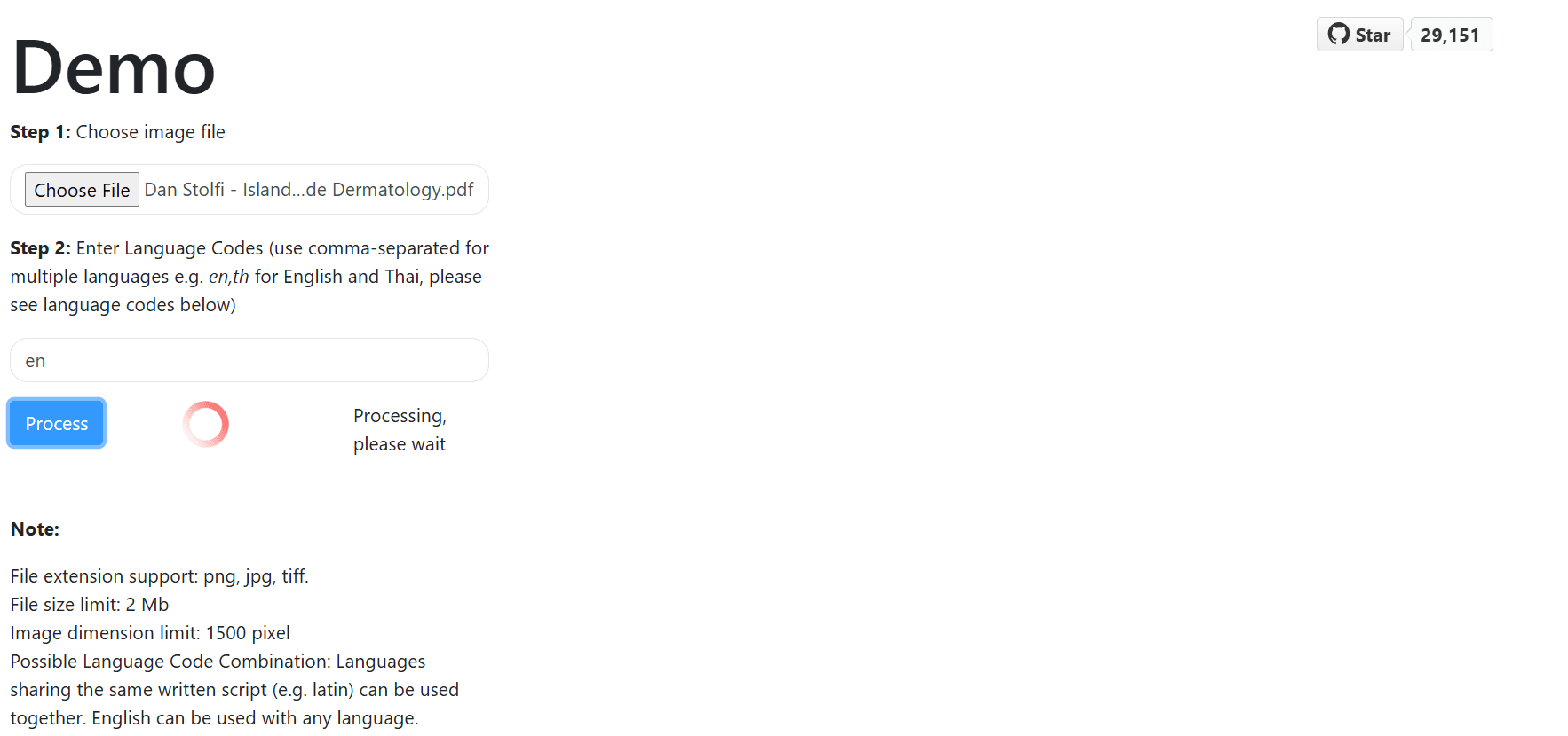 EasyOCR Demo page showing file upload interface with language code selection