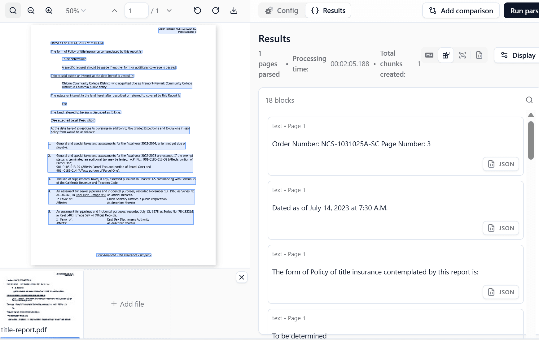 Extend AI parser results showing extracted text blocks with bounding box coordinates