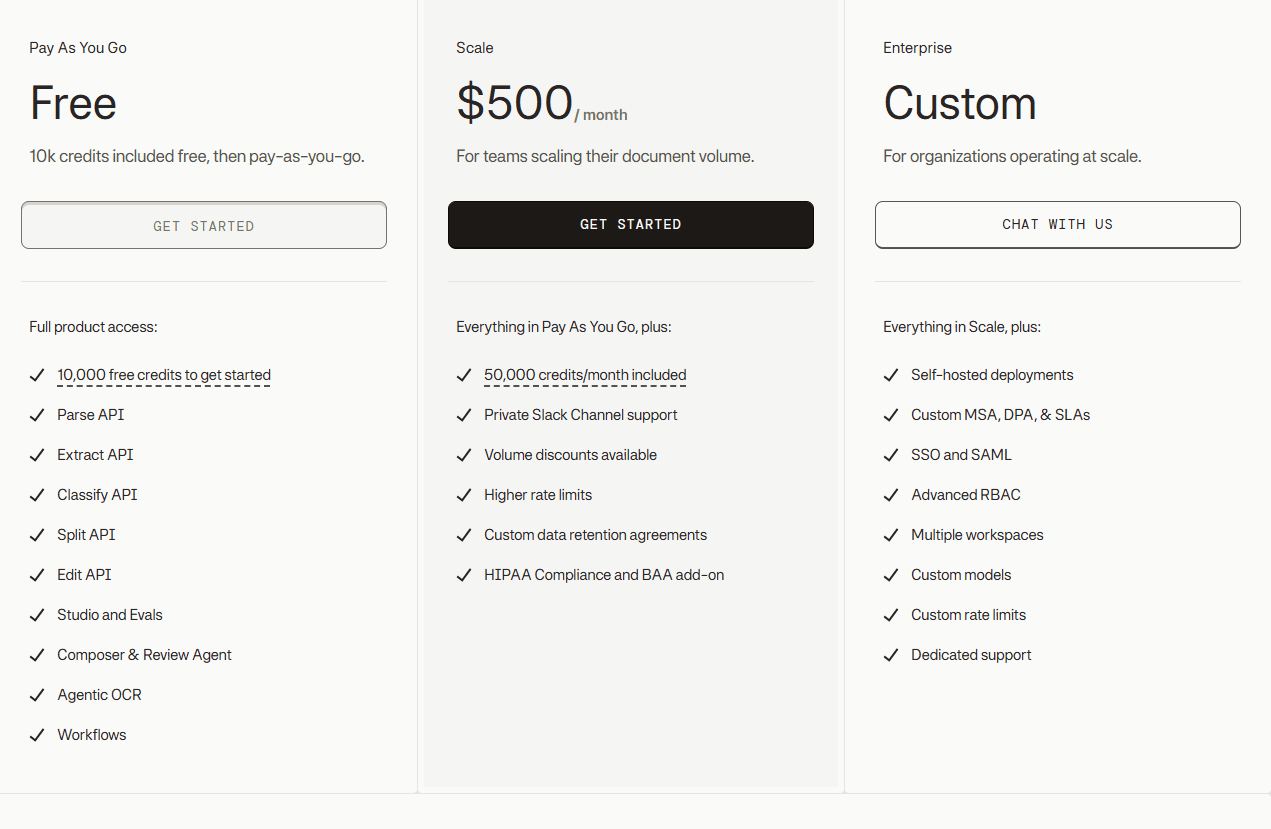 Extend AI pricing showing Free, Scale ($500/mo), and Enterprise tiers