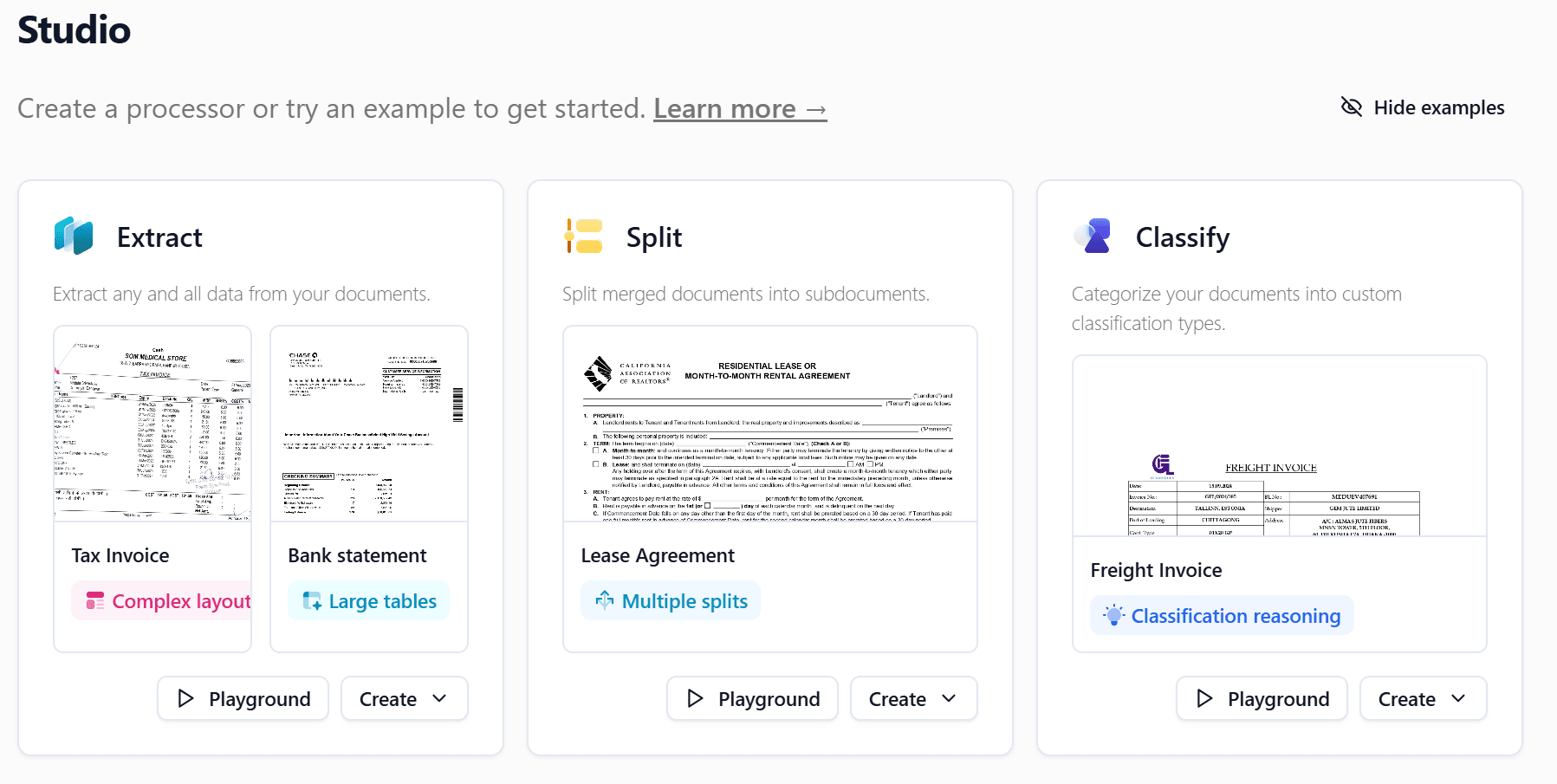 Extend AI Studio features showing Extract, Split, and Classify capabilities