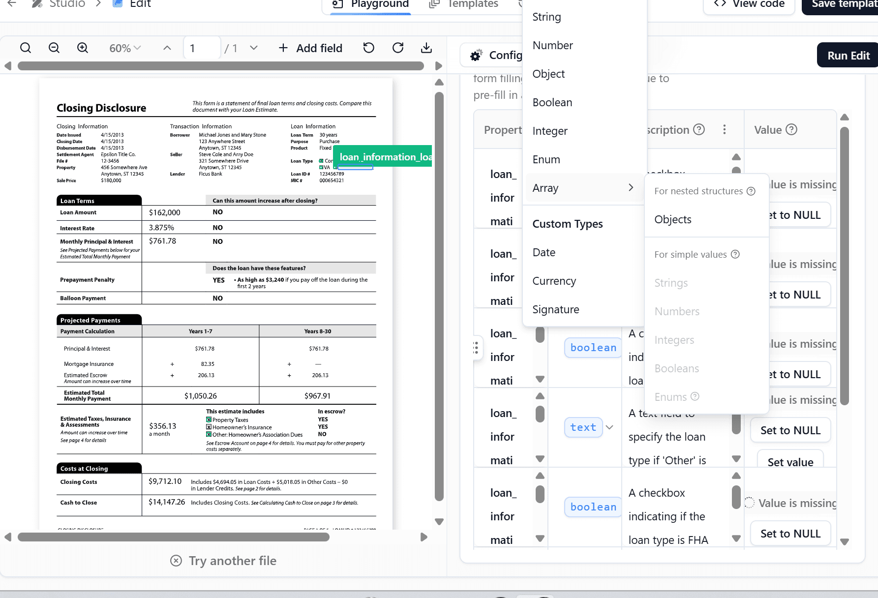 Extend AI Studio playground showing document extraction with schema builder