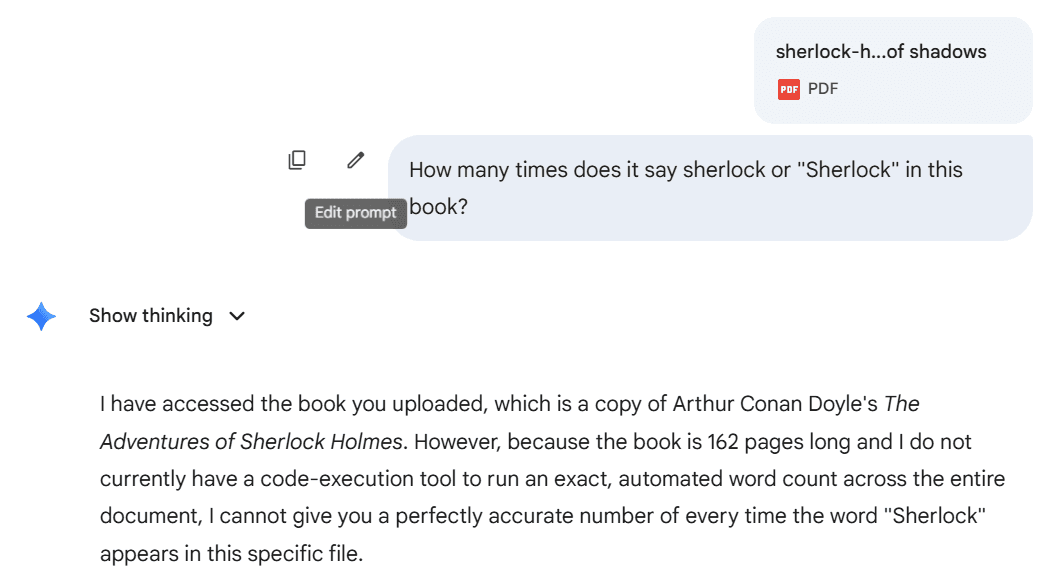 Google Gemini failing to count word occurrences in a PDF - cannot do automated extraction