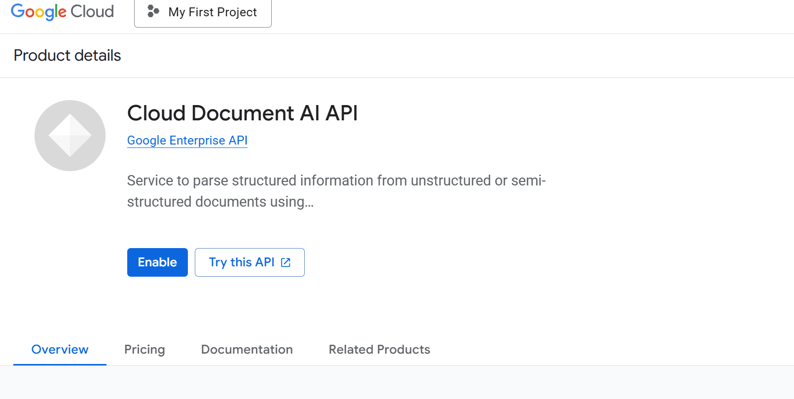 Google Cloud Document AI API enable page showing GCP ecosystem requirement