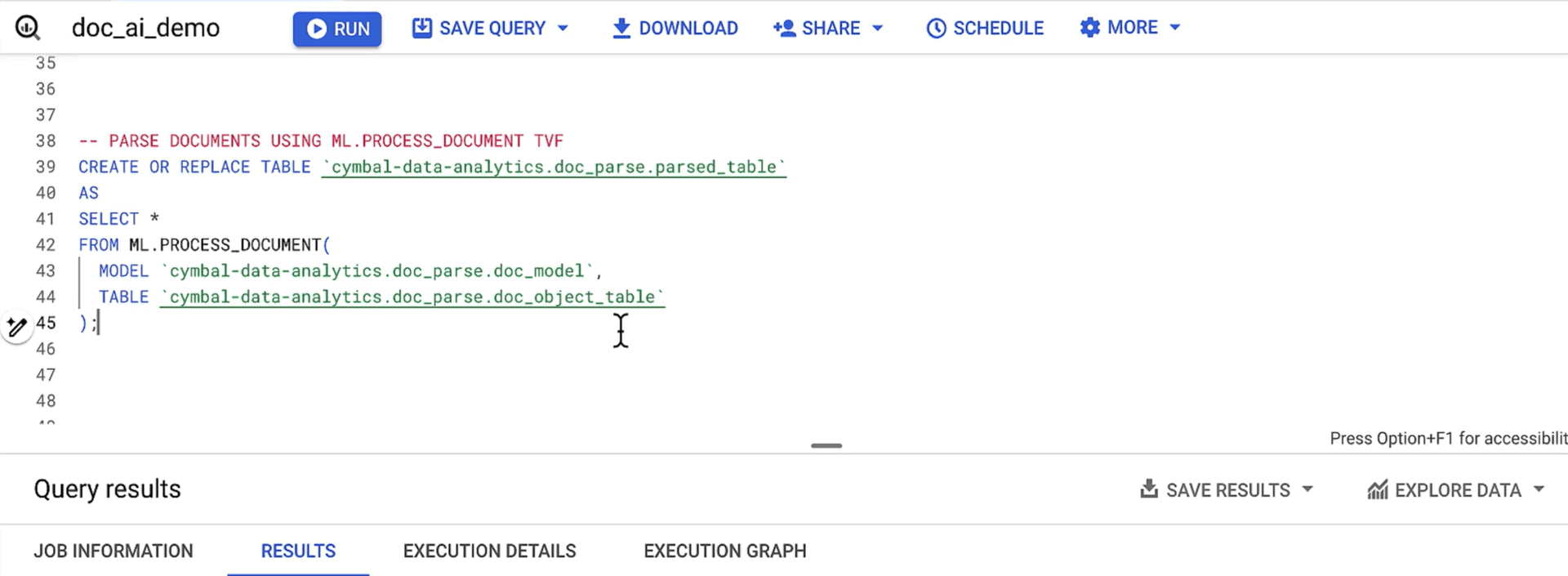 BigQuery ML.PROCESS_DOCUMENT code showing complex GCP integration required for Document AI