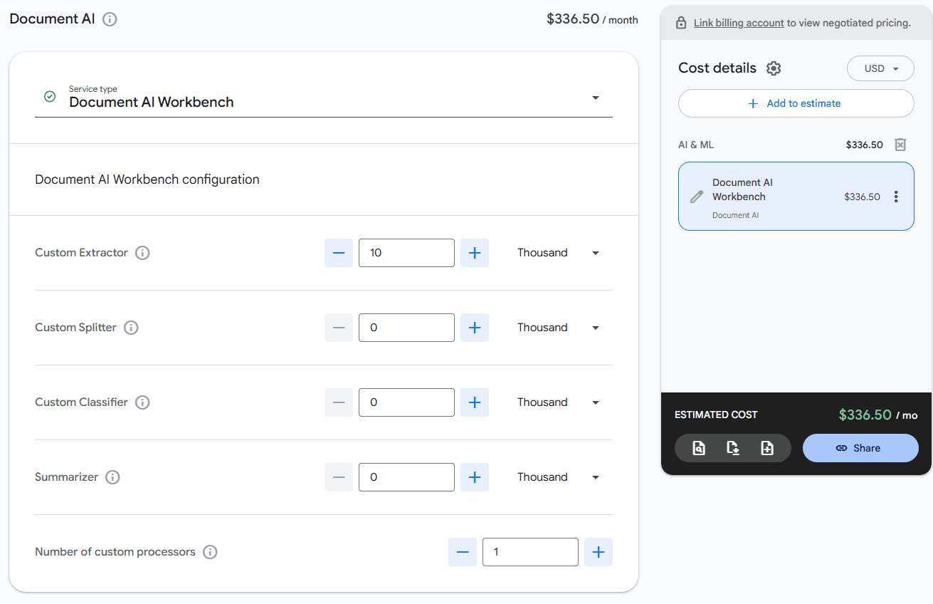 Google Document AI Workbench pricing calculator showing $336.50/month estimated cost
