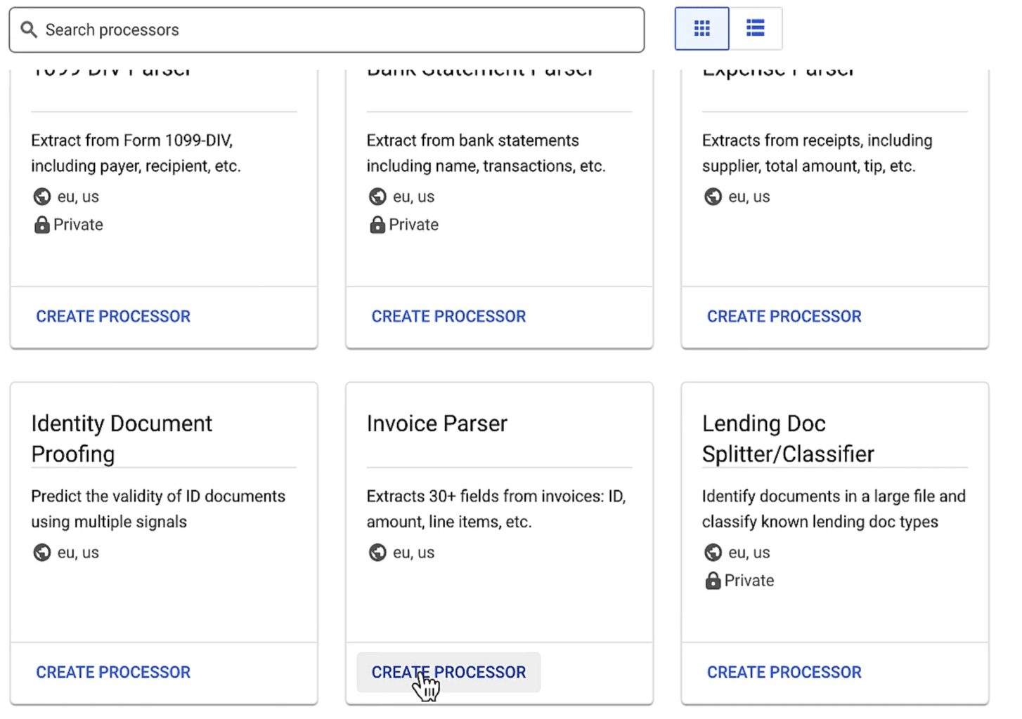 Google Document AI processor gallery showing fragmented Invoice, Bank Statement, and other pre-built processors
