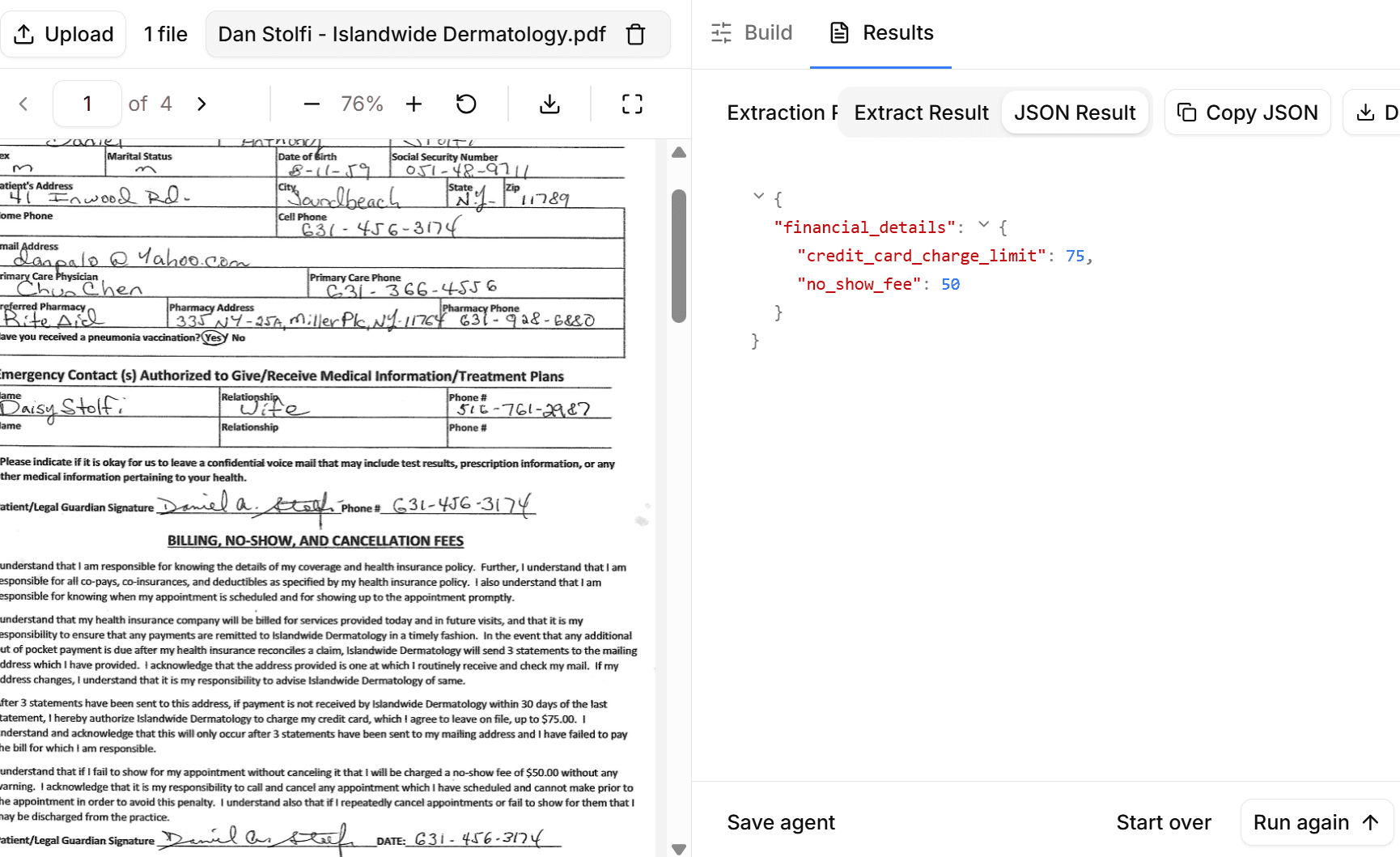 LlamaParse JSON extraction result showing limited financial_details fields