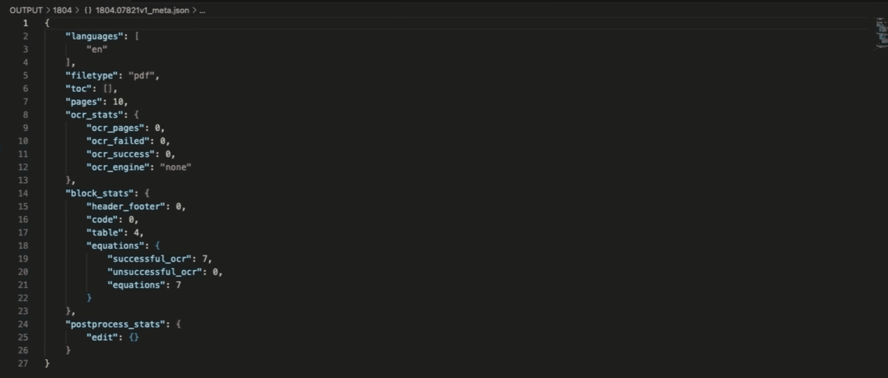 Marker meta.json output showing OCR stats and block counts - no schema enforcement